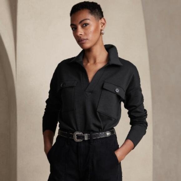 NWT Banana Republic Factory Johnny Collar Pocket Shirt Black S - Picture 1 of 10